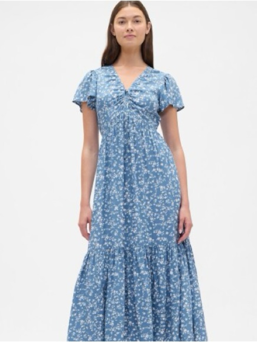 GAP Ruched V-Neck Maxi Dress | Size M | Cottagecore Floral Blue Maxi
